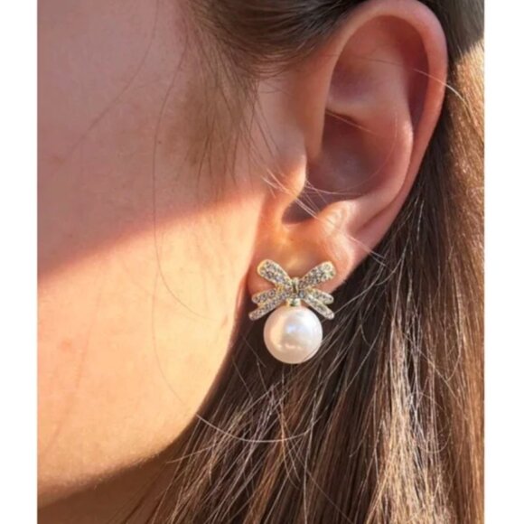 Anthropologie Jewelry - Anthropologie Pearl and Bow Gold Rhinestone Earrings